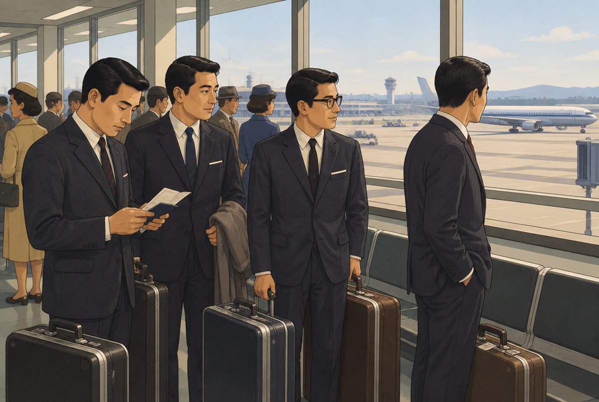 Four men in suits standing with suitcases at a Tokyo departure gate in 1965.