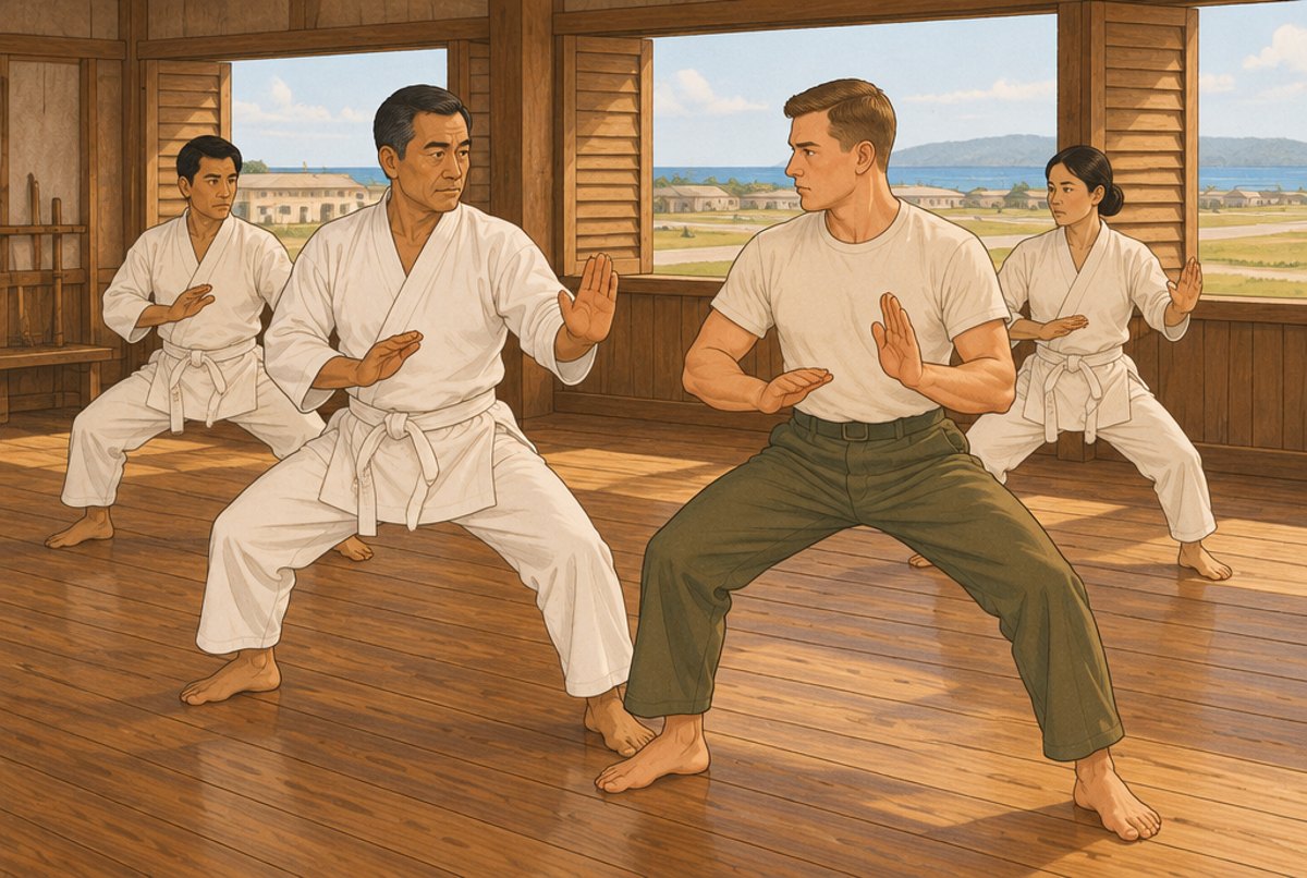 An Okinawan teacher guiding an American serviceman through a rooted stance in a small dojo.