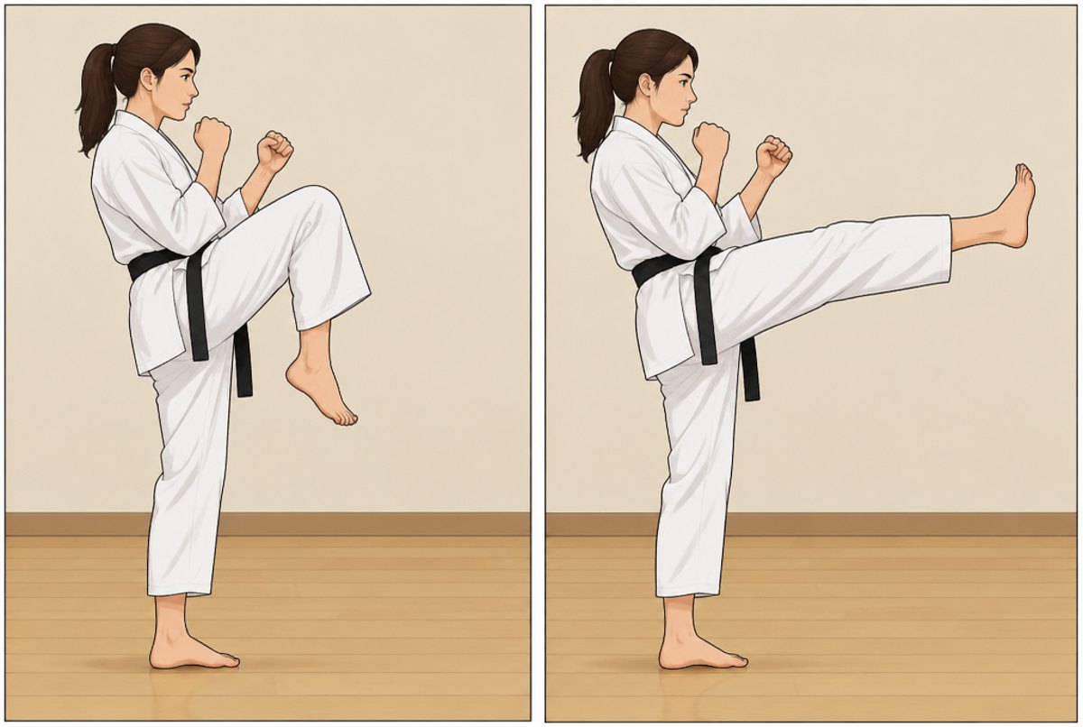 Two frames of a front kick: the knee lifted, then the leg straightened forward.