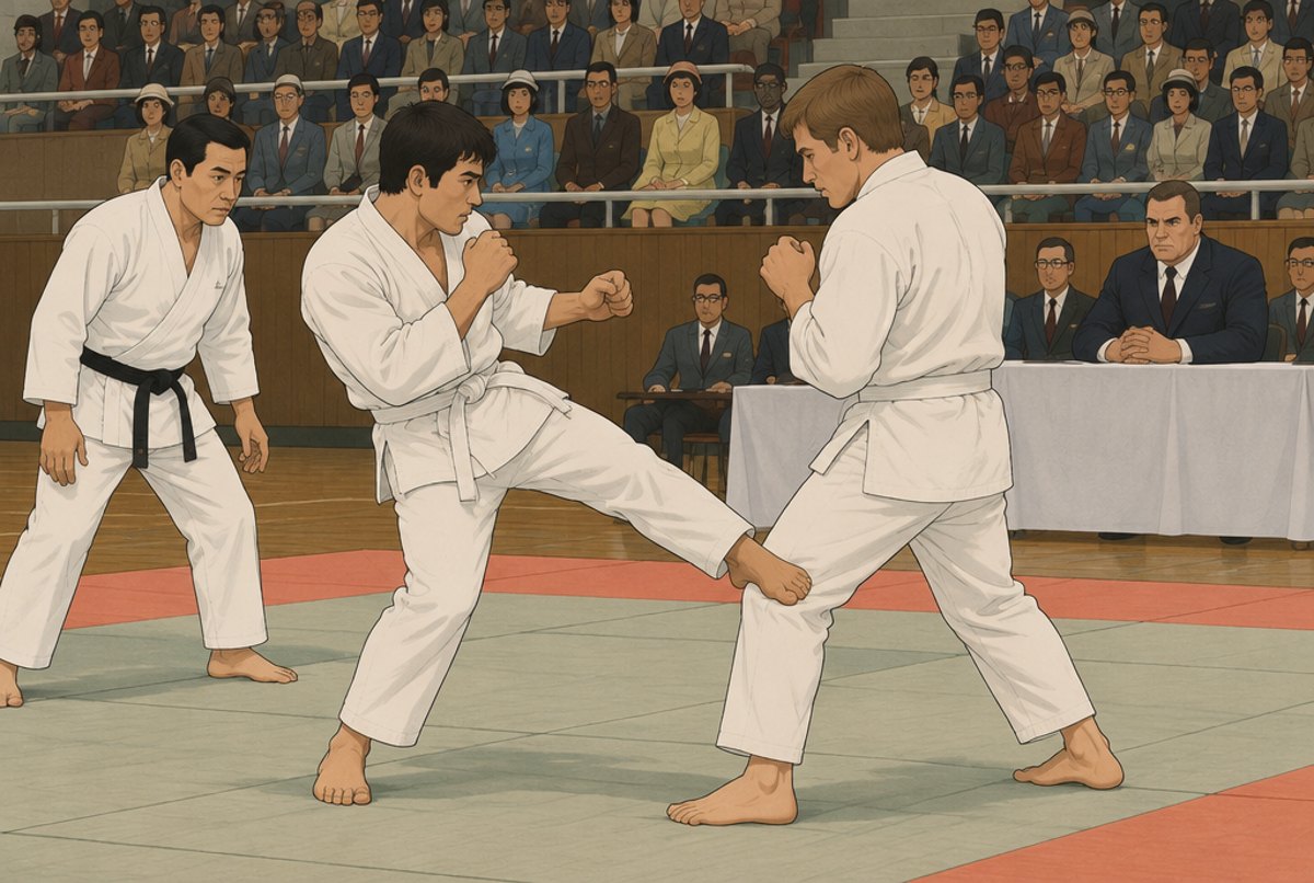 Two bare knuckled competitors at close range in a 1969 tournament while Oyama watches from the officials' table.