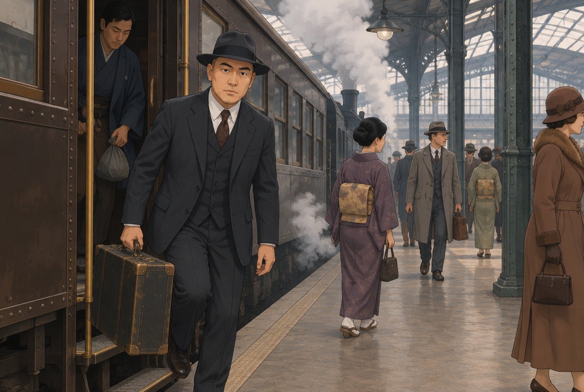 Kenwa Mabuni stepping down from a train at Osaka station with a heavy case.
