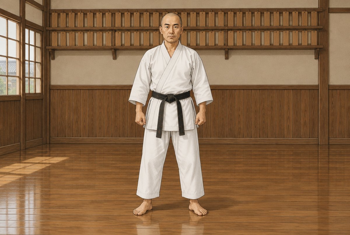 Kenwa Mabuni standing in a white karate uniform in a wooden dojo.