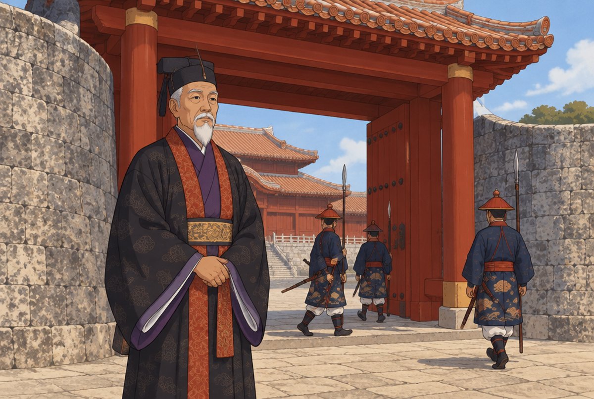 An older Okinawan man in court dress standing at the stone gate of Shuri castle.