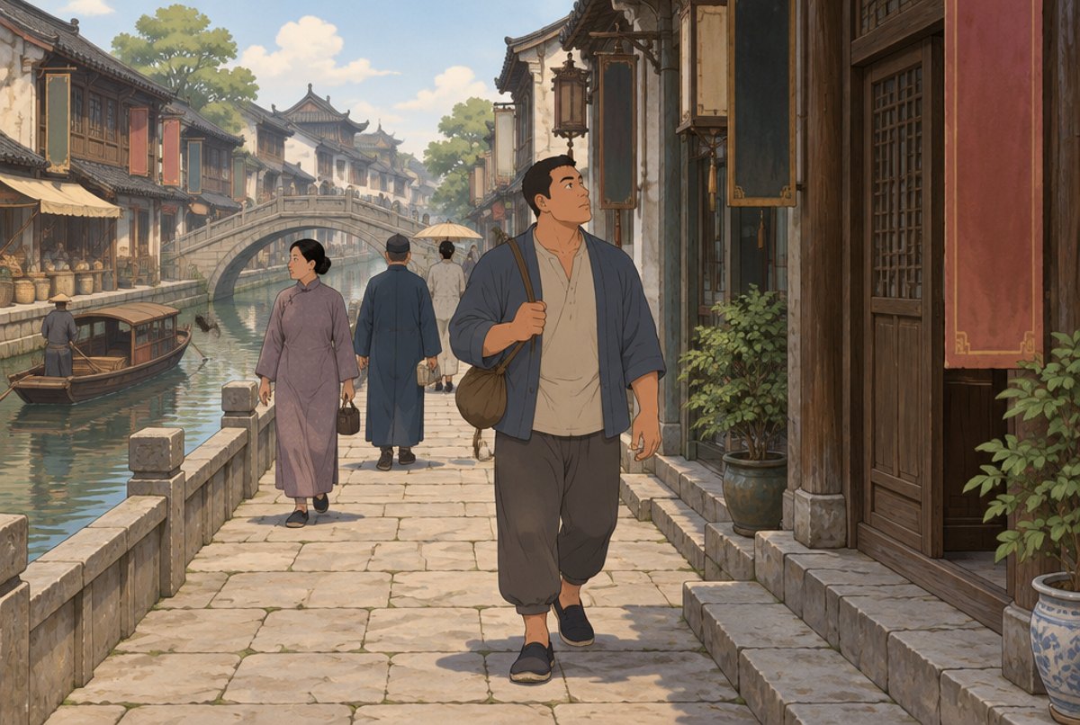 A broad young man with a travelling bag walking along a street in Fuzhou.