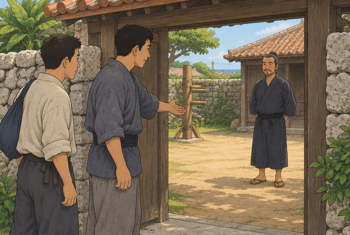A young man leading his friend through a doorway towards an older teacher in a training yard.