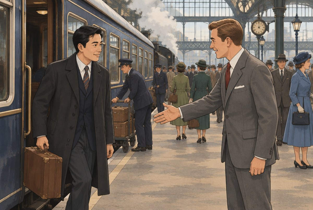 A Japanese man with a suitcase being met on a London railway platform by an Englishman.