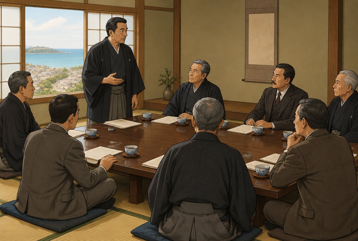 A group of senior karate masters in 1930s dress seated around a table in a meeting room in Naha.