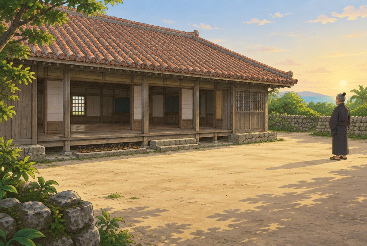 An empty school yard in Okinawa at dawn, with an older man standing at its edge.