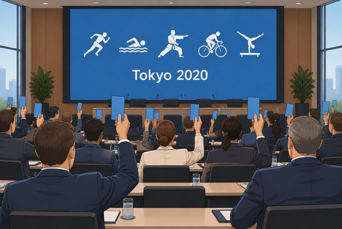 Delegates raising voting cards in a conference hall beneath a screen showing five sport pictograms.