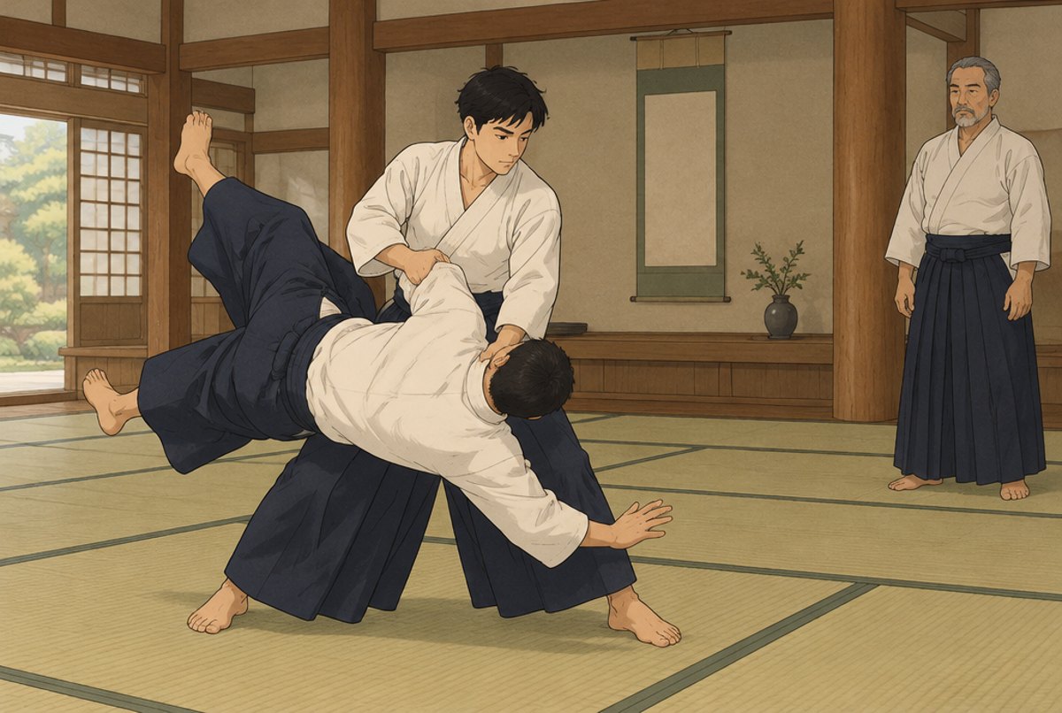 A young man in training jacket and hakama throwing a partner in a tatami matted jujutsu hall.
