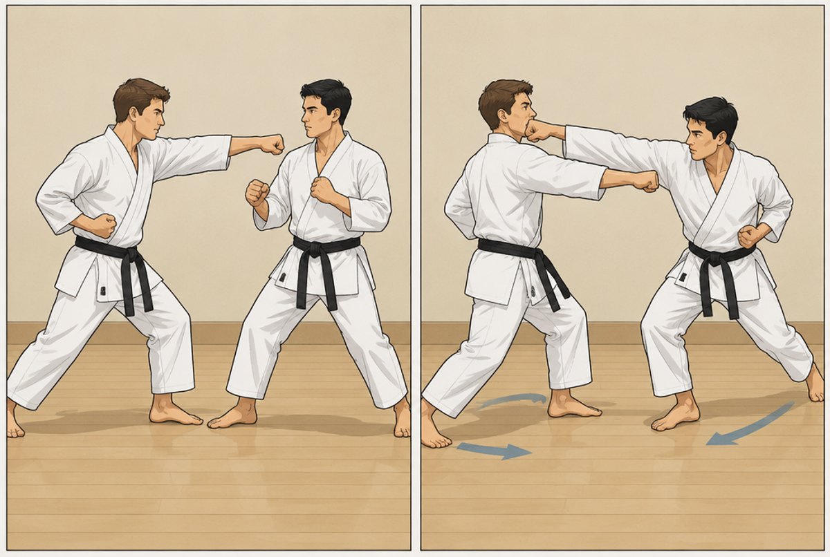 Two frames showing a defender stepping off the line of a punch and countering at the same moment.