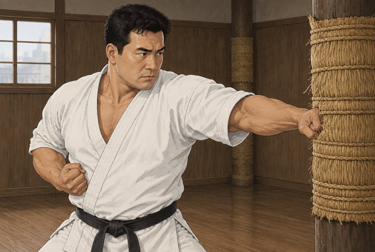 Mas Oyama, a powerfully built man, mid technique in a plain 1950s dojo.