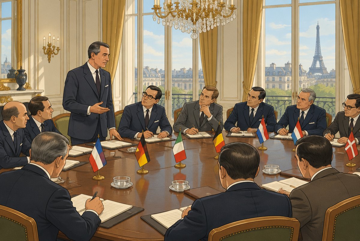 Men in 1960s suits around a long table with papers and small national flags.
