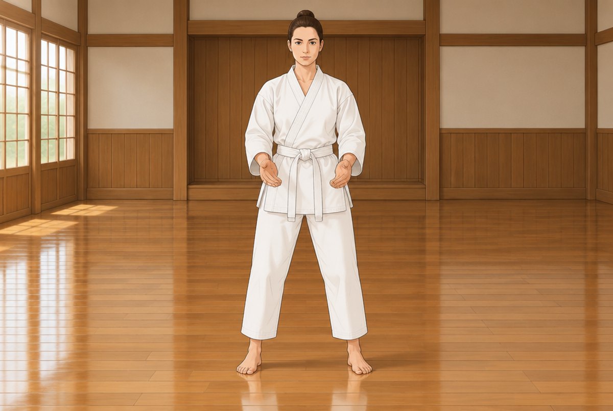 A karate student in a white uniform standing in the ready position at the start of a kata.