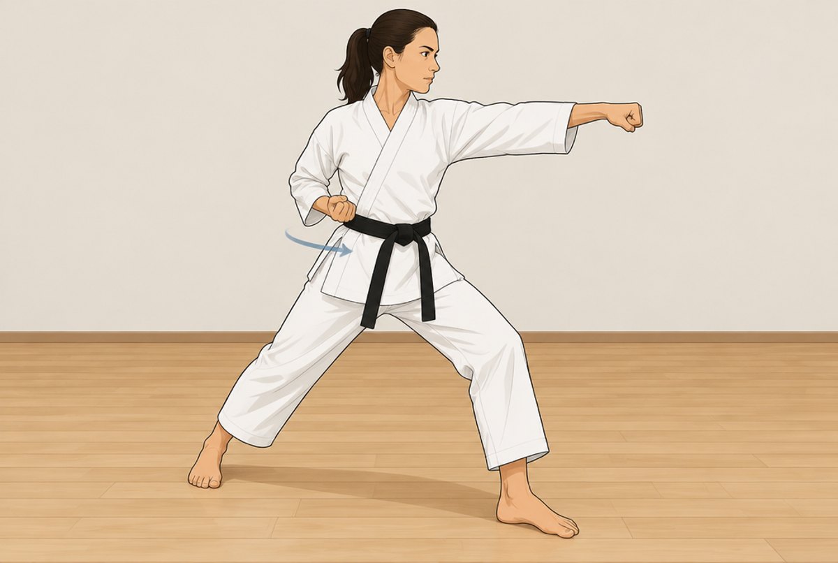 A karate student in front stance delivering a reverse punch with the rear hand, hips turned into it.
