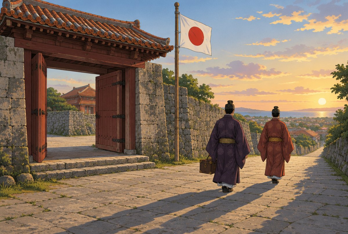 Two men in court dress walking away from the open, unguarded gate of Shuri castle.
