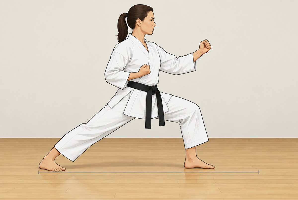 A karate student in front stance seen from the side, front knee bent and back leg straight.