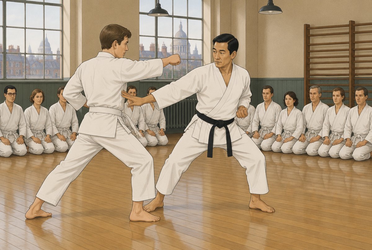 A Japanese instructor demonstrating an evasive counter with a British student while a kneeling line watches.
