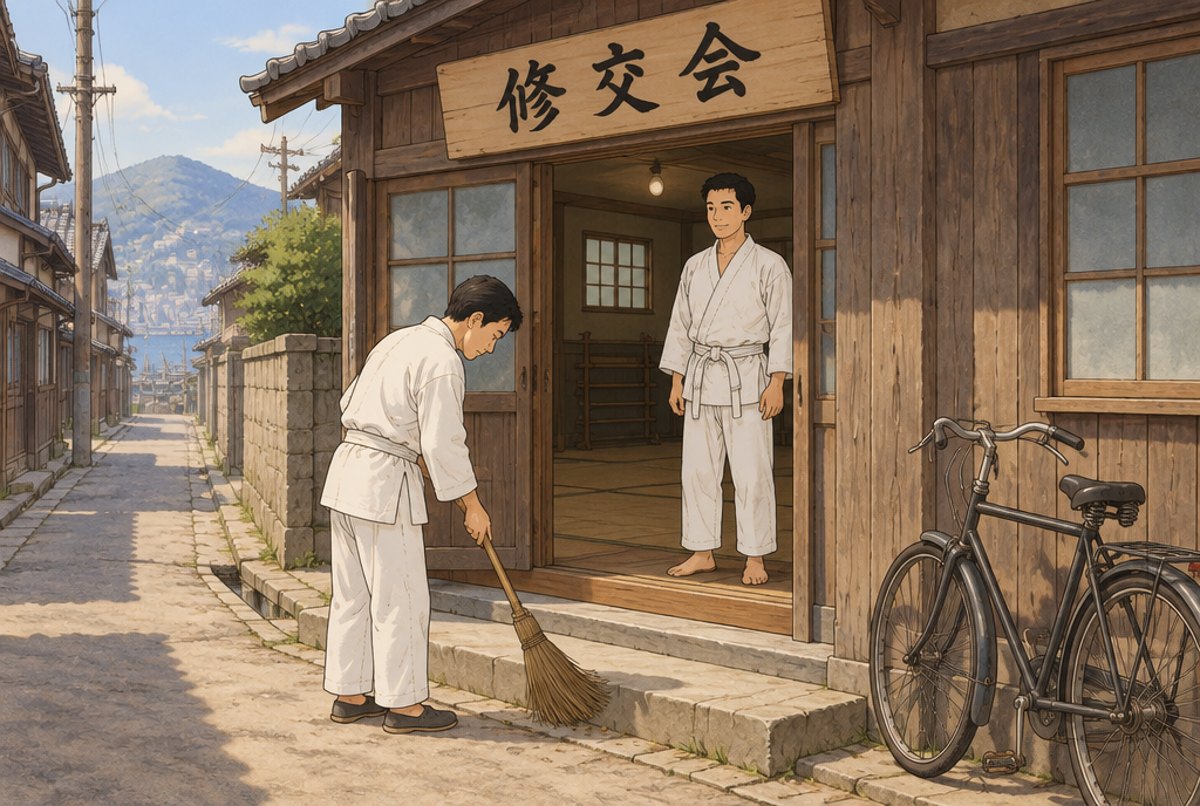 A young man in a white uniform standing beneath a dojo sign reading Shukokai in a Kobe street.