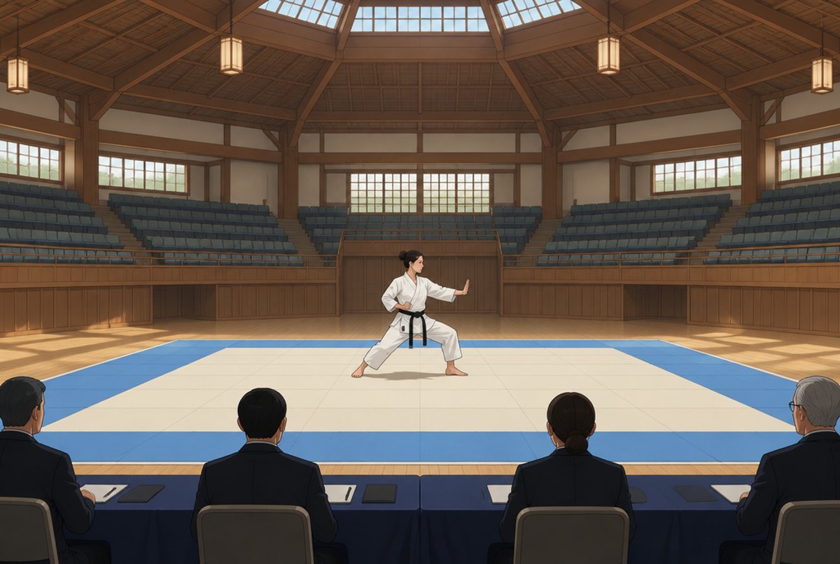 A lone kata competitor performing on a large mat in a vast, nearly empty hall, with judges seated at the edge.