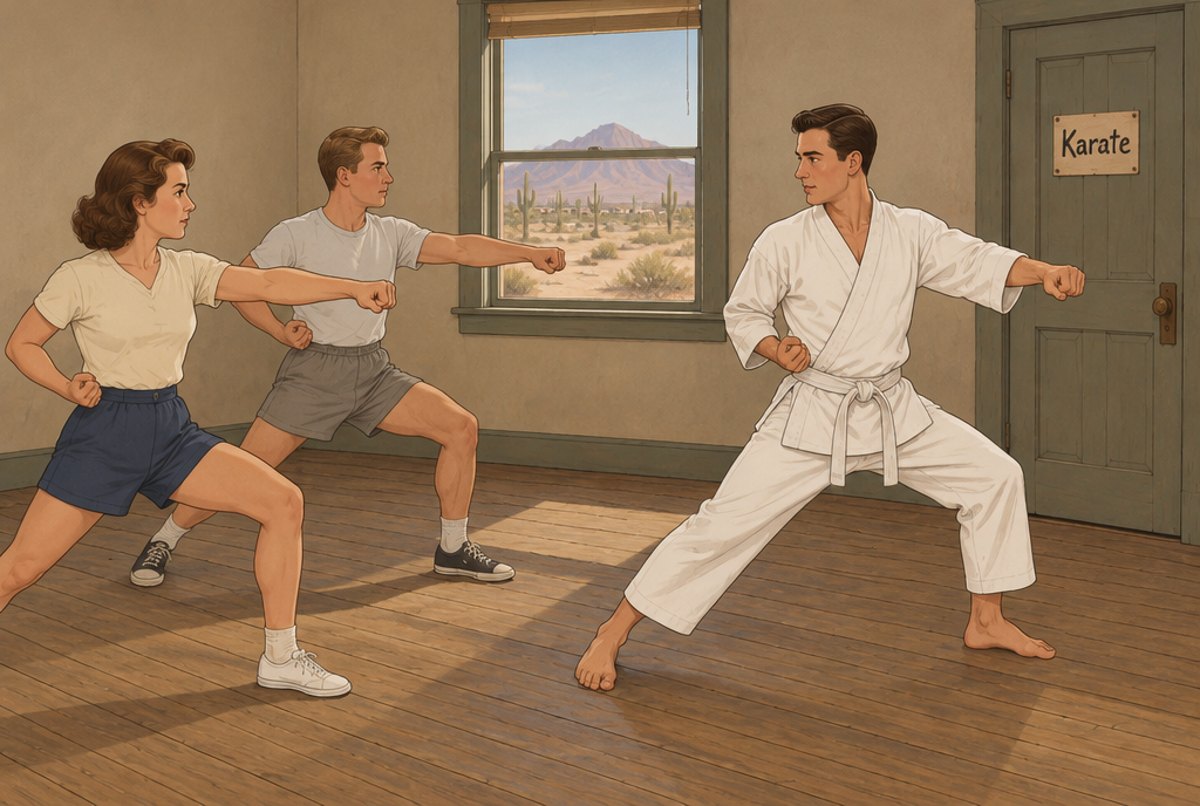 An American instructor teaching two adult students a stance in a bare room in Phoenix.