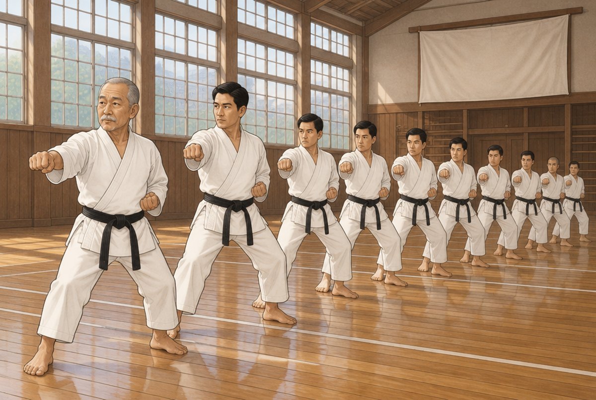 Funakoshi leading a line of adult university students through a punch while an assistant demonstrates.