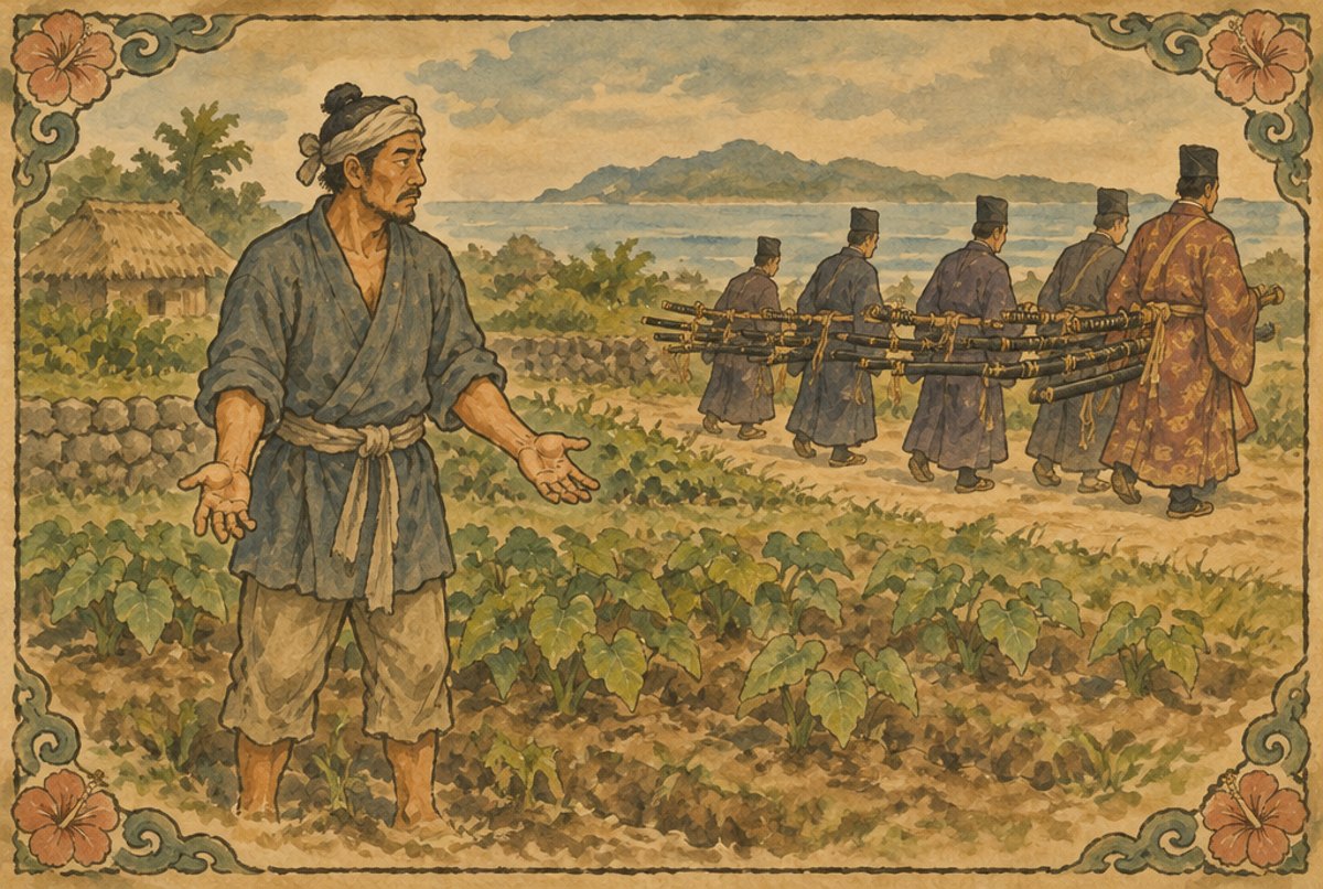 A stylised scroll scene of a farmer with empty hands while swords are carried away, drawn as a legend.