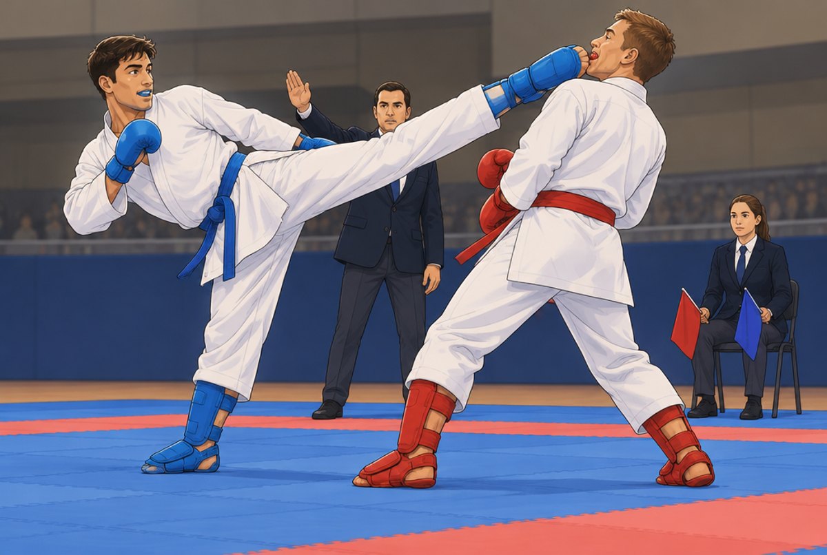 Two adult karate competitors in red and blue protective kit on a tatami square, a referee signalling a score.