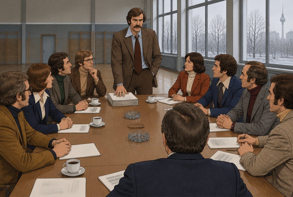 Men and women in 1970s clothes round a meeting table while one man stands to speak.