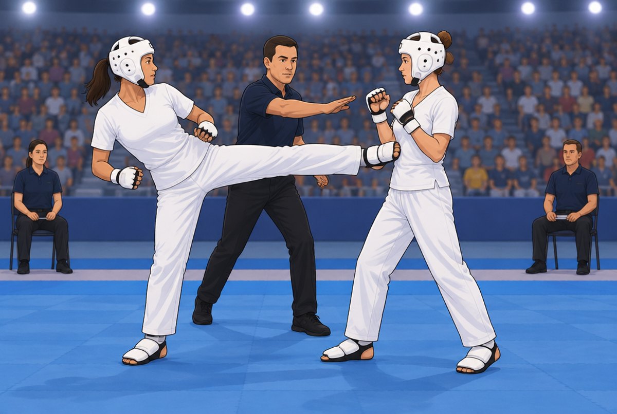 A woman in a head guard landing a controlled kick on a blue mat as the referee moves to stop them.