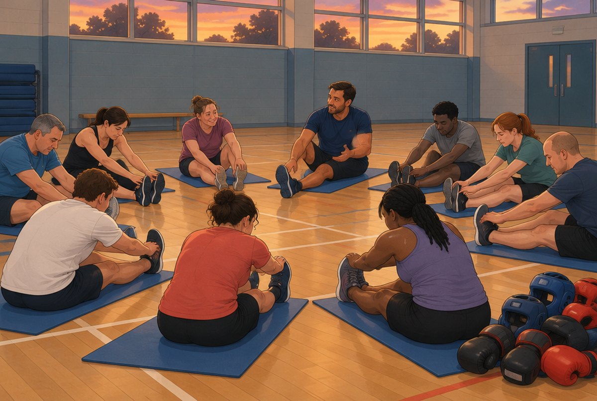 A class of adults sitting on mats stretching at the end of a session with their coach.