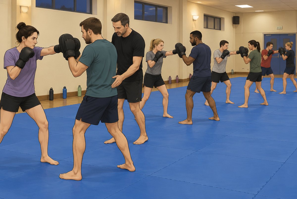 Adult beginners in pairs punching focus mitts in a leisure centre hall while a coach walks the line.