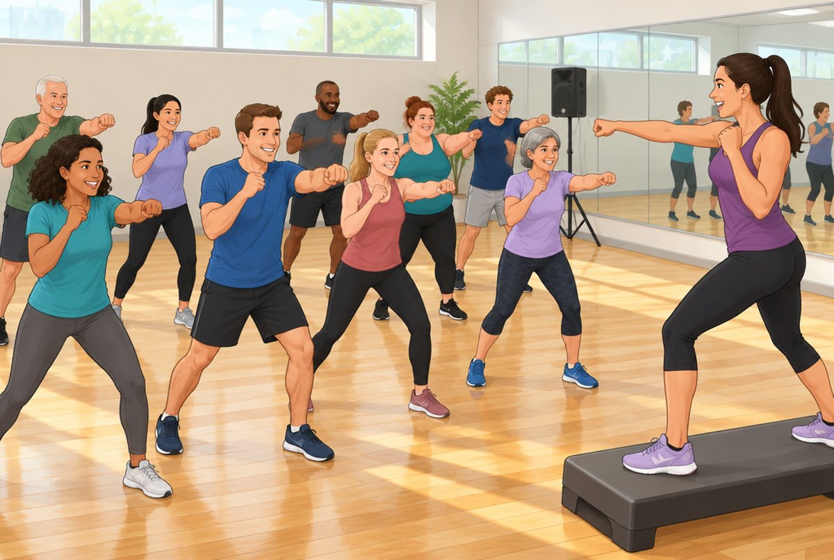 A gym class punching and kneeing the air together in front of an instructor.