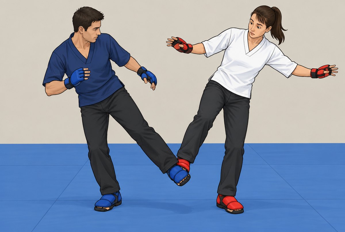 A student sweeping a partner's foot at ankle level with a padded foot.