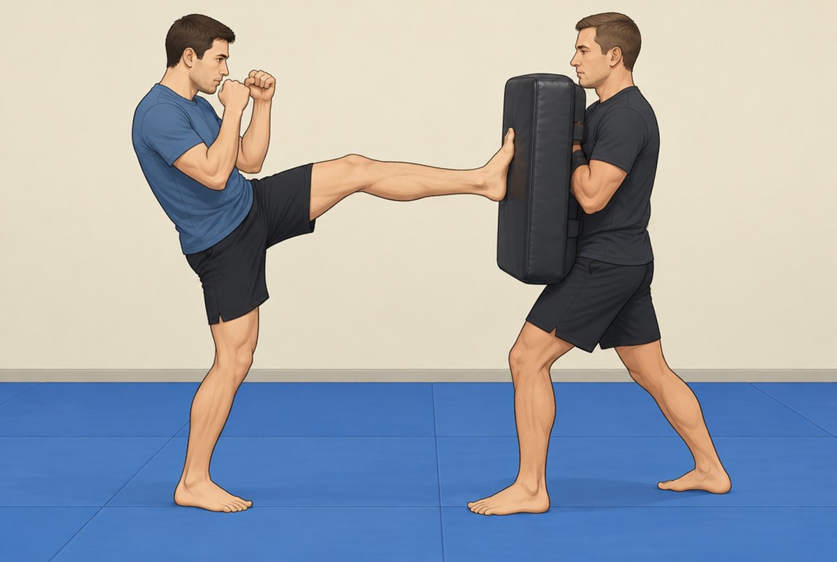 A student driving a front kick into a kick shield held by a partner.