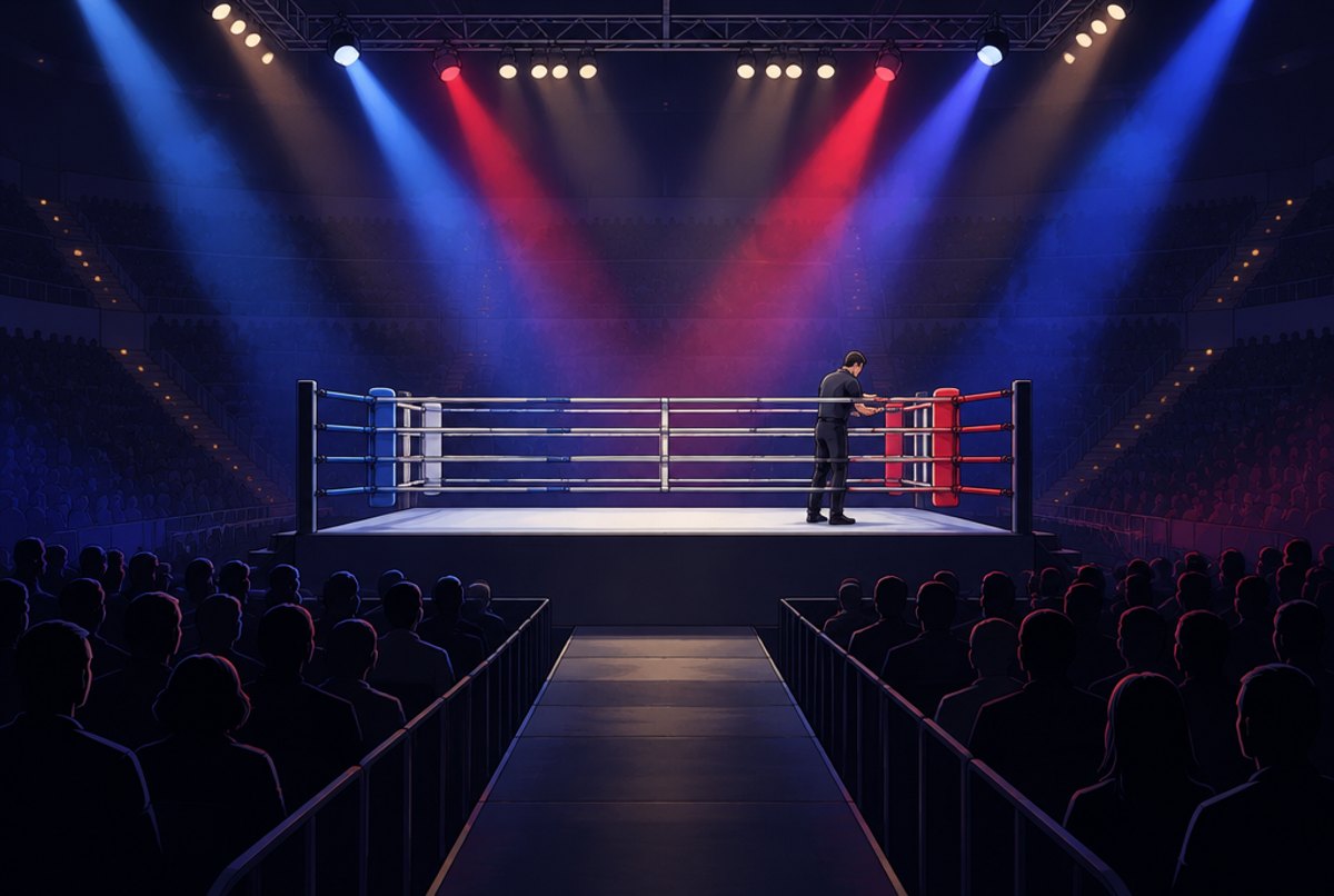 An empty lit ring under coloured stage lights in a dark arena, with a walkway leading to it.