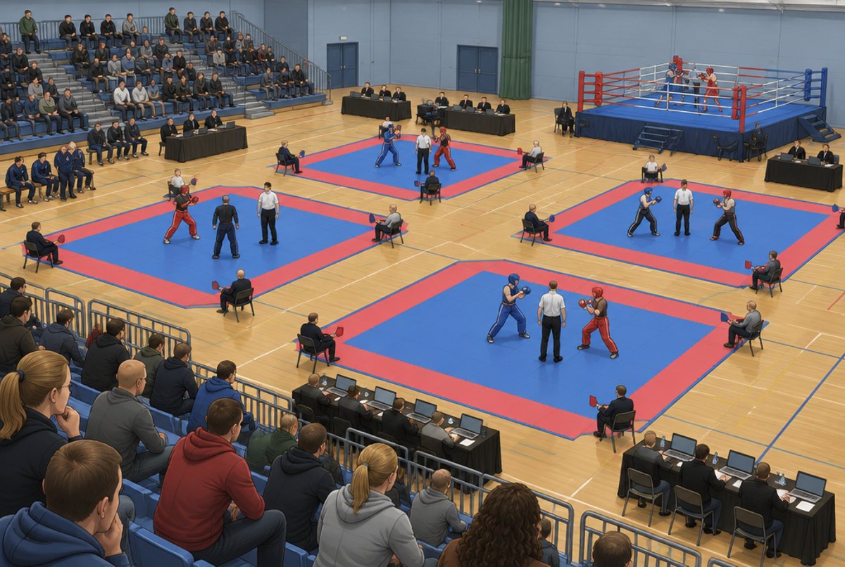 Four mats and a ring in use at once in a large sports hall full of people.