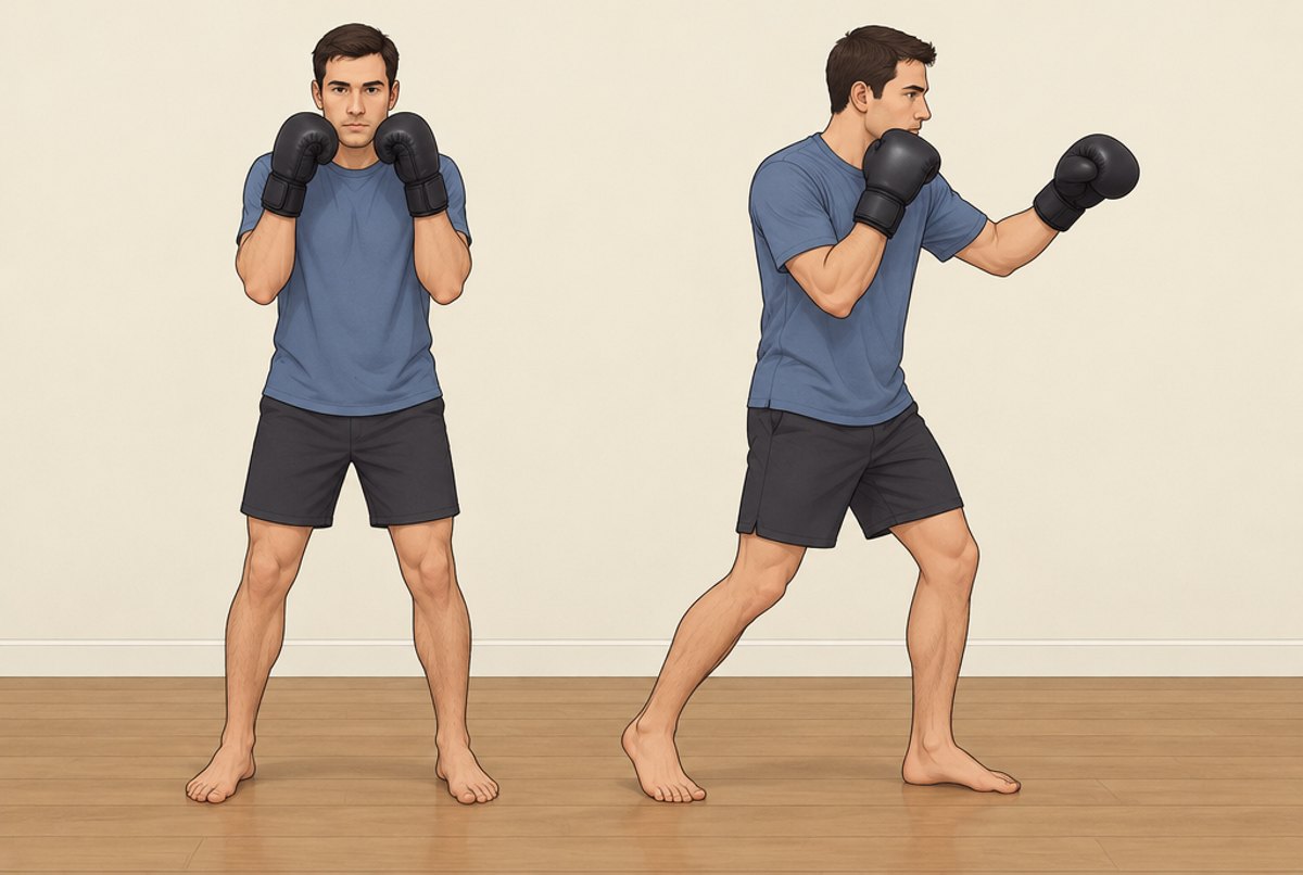 A student shown twice, once in a square front guard and once in a side on guard.