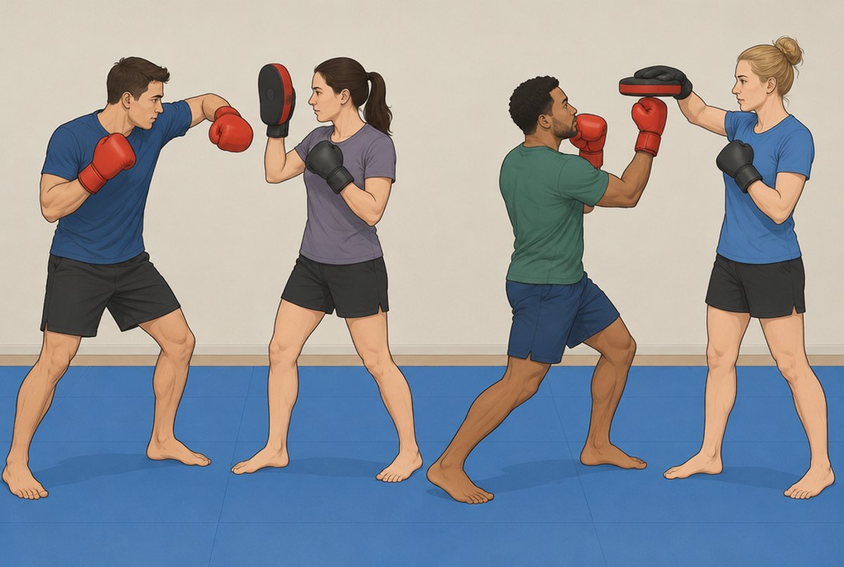 Two pairs of students, one practising a hook and one an uppercut on pads.