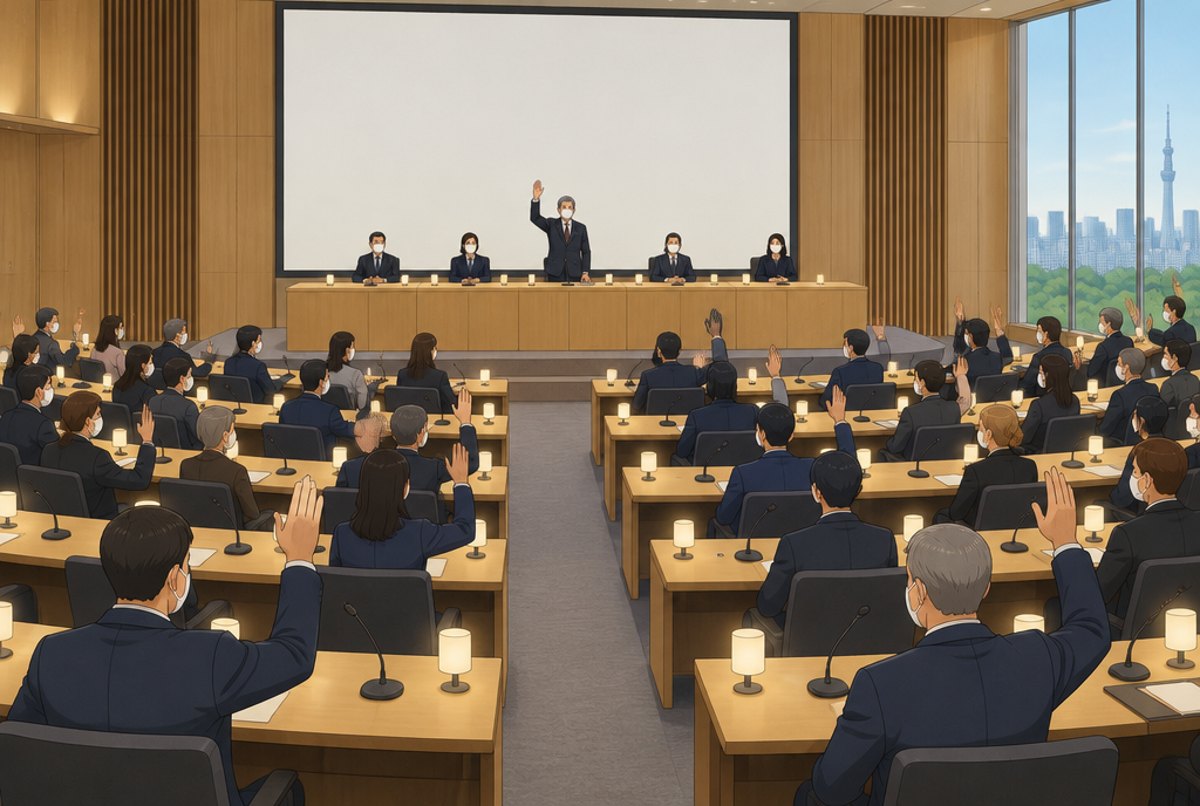 Delegates in a formal session hall raising their hands while a chairman stands at the front.