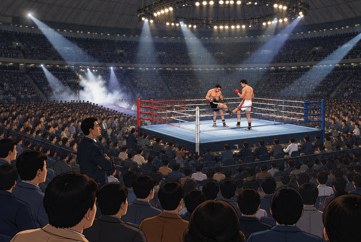 A lit ring at the centre of a huge packed arena, with a man in a suit watching from ringside.