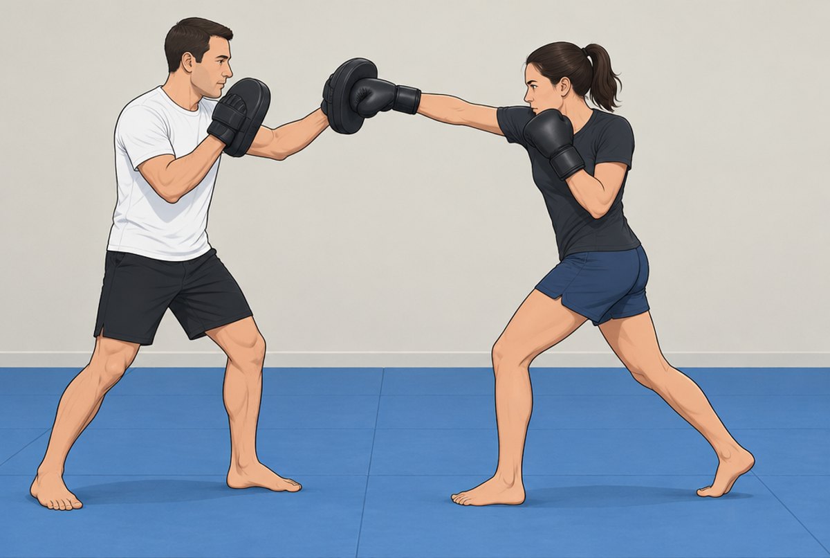 A student landing a cross on a coach's focus mitt.
