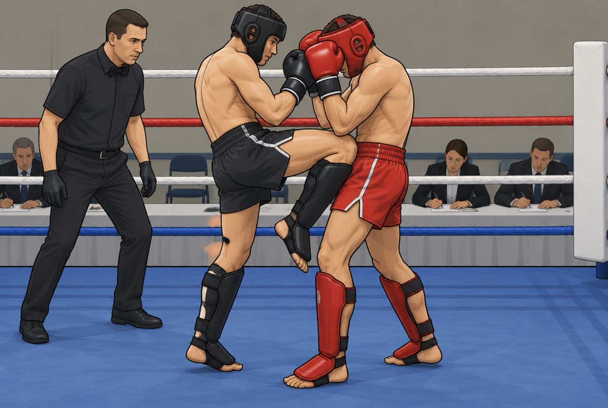 A fighter in a head guard driving a knee into an opponent's body in a ring.