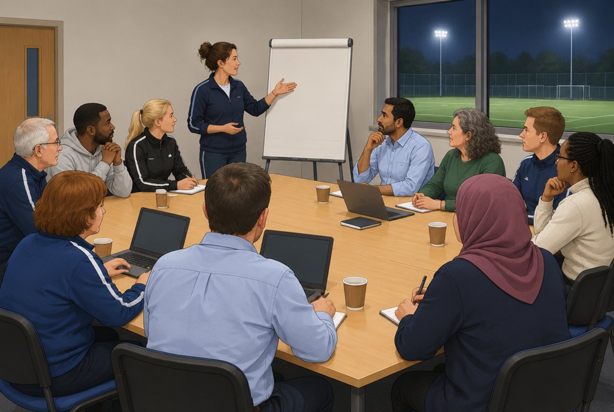 Eleven adults in discussion round a meeting table in a sports centre room.