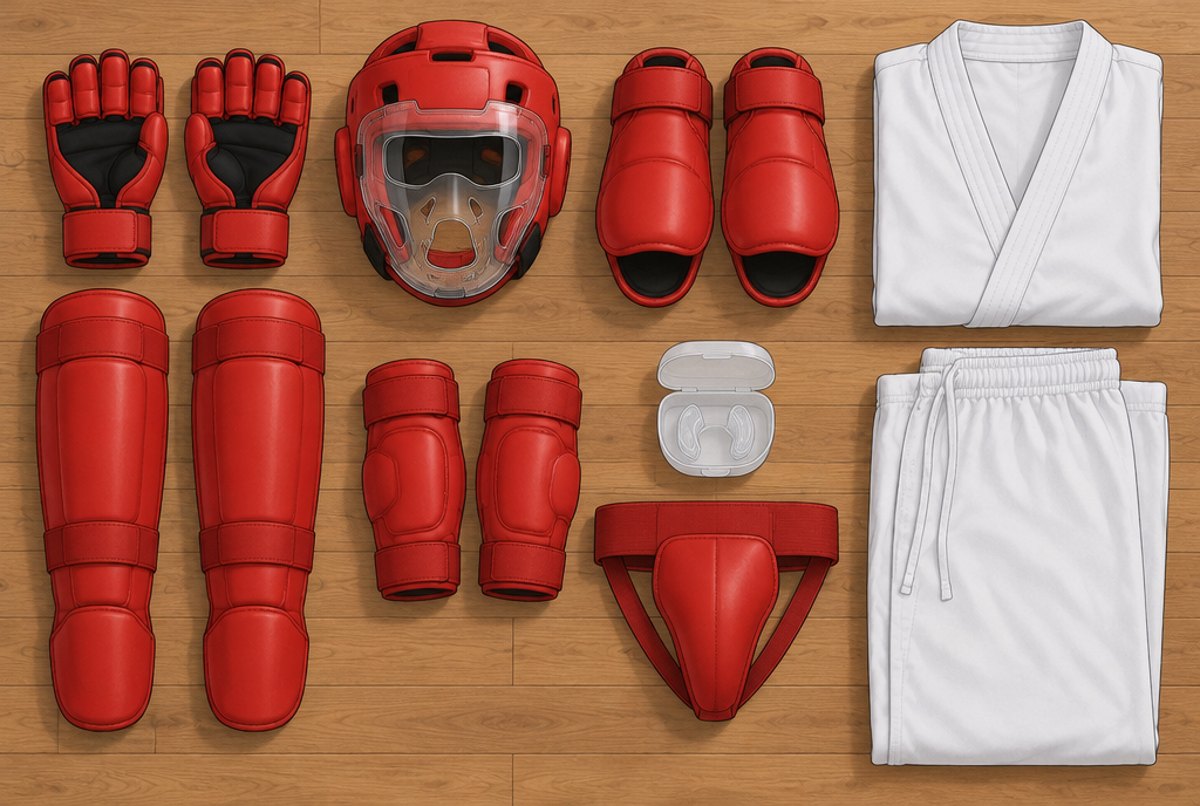 Point fighting kit laid out on a floor: open hand gloves, a head guard with face mask, foot pads and more.