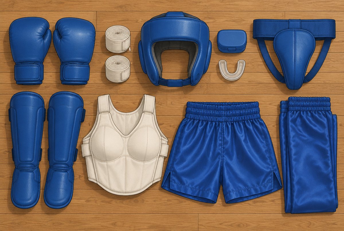 Ring kit laid out on a floor: closed gloves, hand wraps, a head guard, shin and instep pads and more.