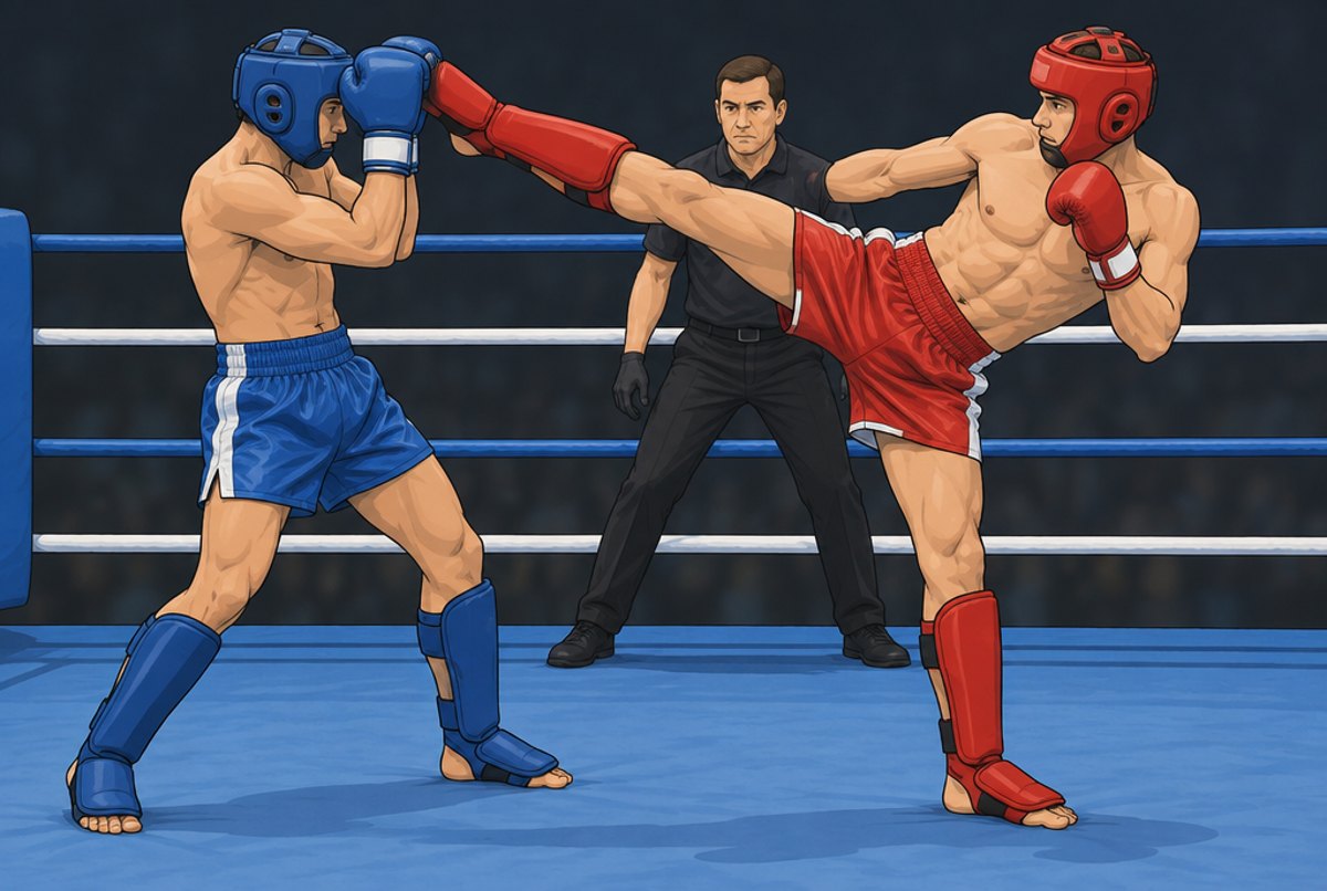 Two fighters in head guards in a ring, one throwing a high round kick that the other blocks.