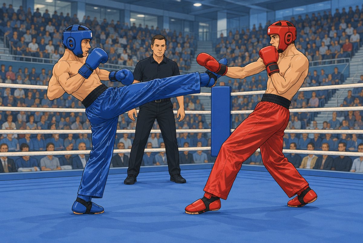 Two fighters in long trousers and head guards in a ring, one throwing a front kick.