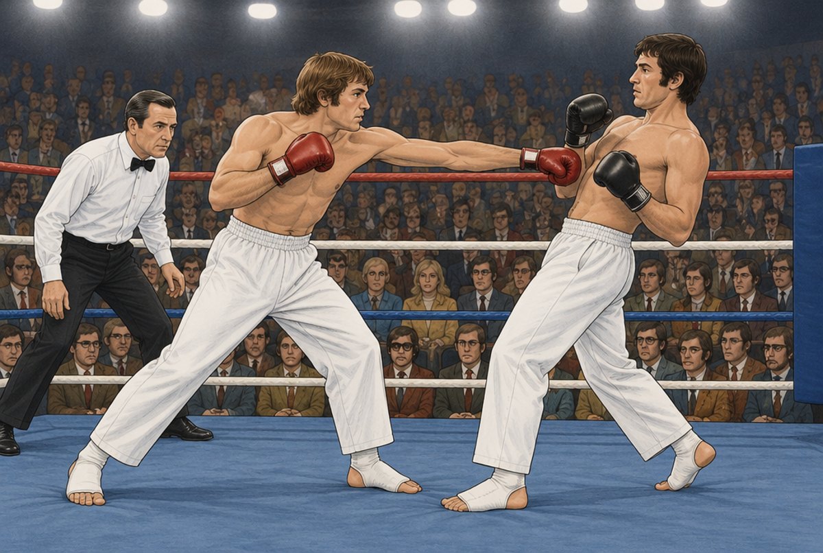 Two fighters in karate trousers and boxing gloves exchanging punches in a 1970 ring.