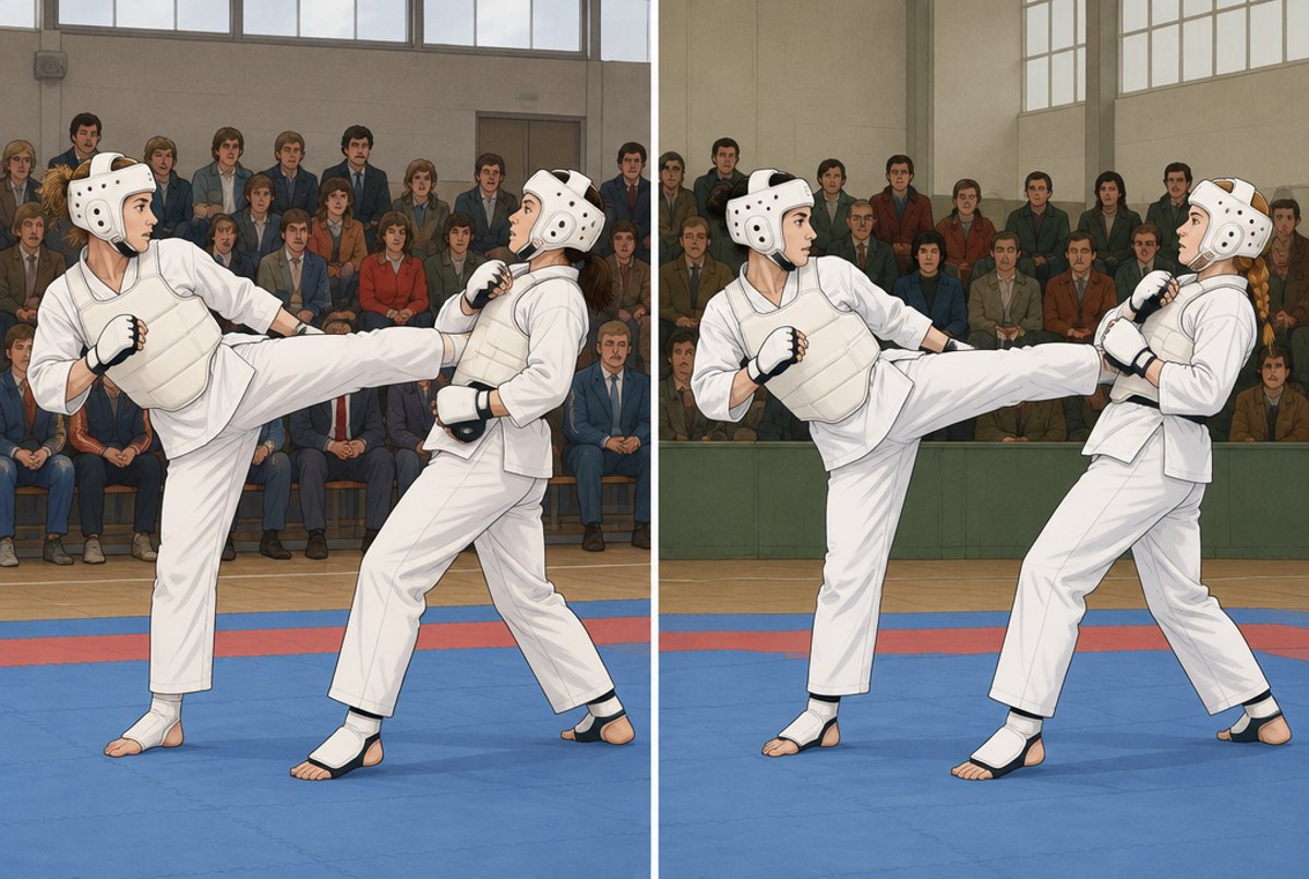 Two halls side by side, each with two women sparring on a mat before a crowd.